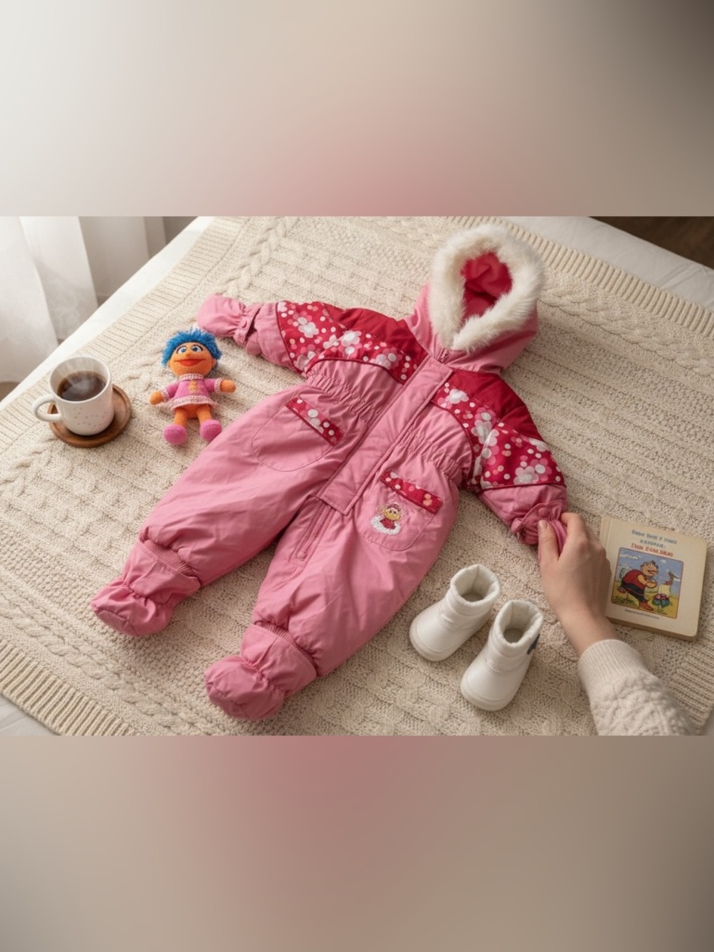Vintage Sesame Street Zoe Pink Baby Snowsuit‎ 12M Fur Hood Mittens Booties NWOT